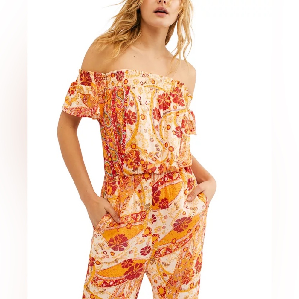 Free People Carmen Off The Shoulder Jumpsuit Medium Golden Gate Boho Festival - Picture 2 of 6